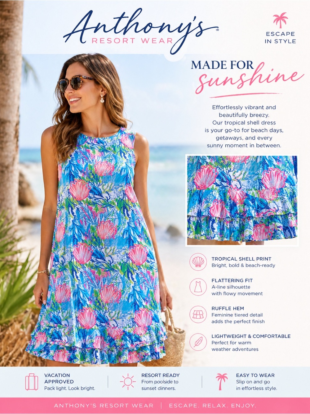 Anthony’s Resort Wear Tropical Shell Print Dress SizeL Ruffle Hem Sleeveless